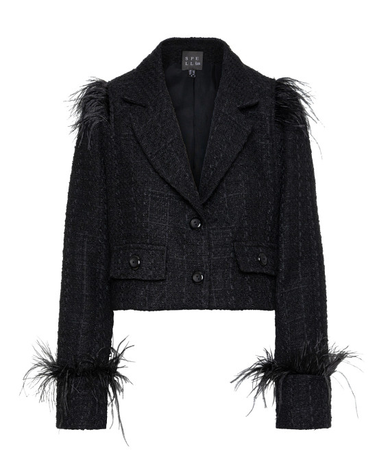 ACCESS CROPPED TWEED BLAZER WITH FEATHERS