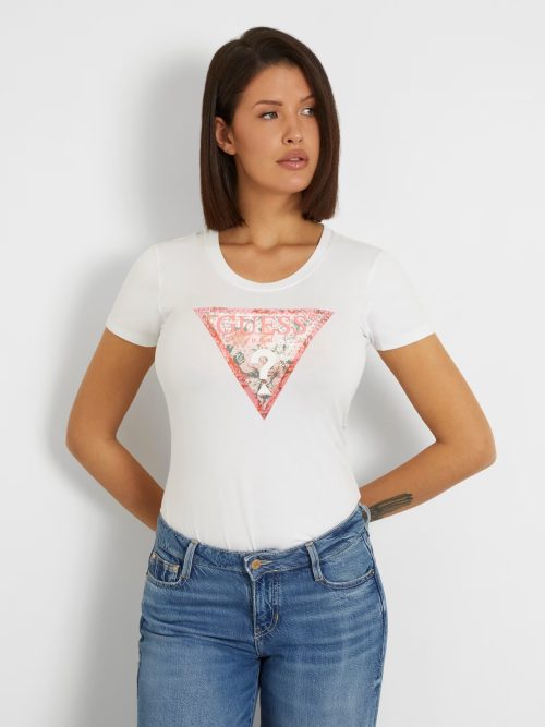 GUESS SS RN SATIN TRIANGLE TEE - PURE WHITE