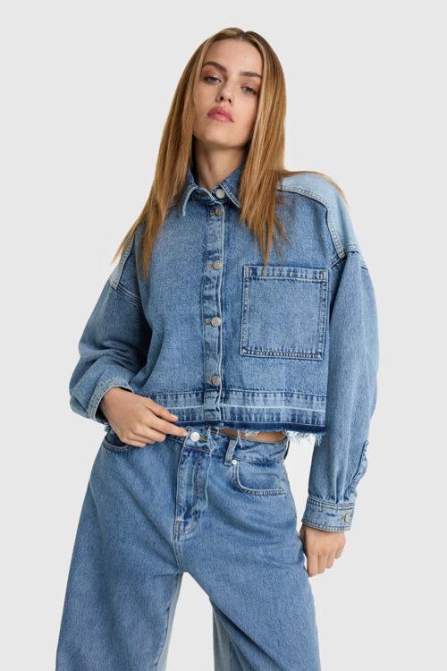 ALIX THE LABEL LADIES WOVEN MIX DENIM BLOUSE