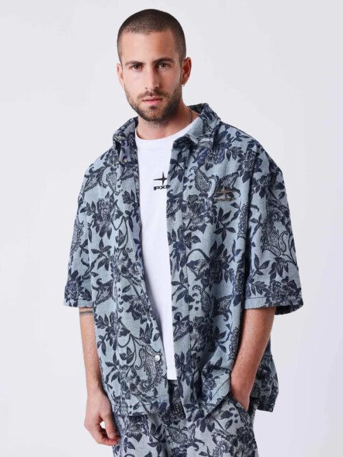 PROJECT X PARIS DENIM SHORTSLEEVE BLOUSE FLOWERPRINT